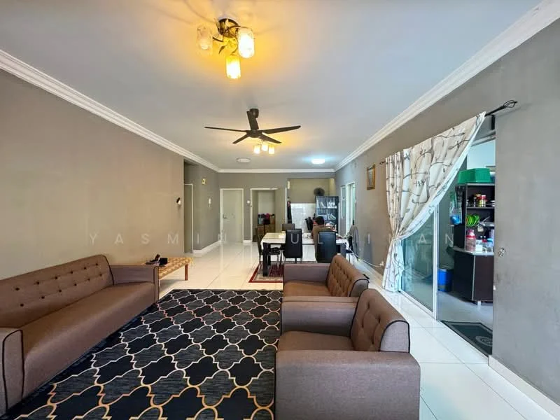 Living features: grey painted walls, white ceiling with crown moulding, 5-blade ceiling fan with light, 2 brown fabric sofas, area rug with geometric pattern, coffee table, dining table with chairs, sliding glass door, curtains, tile flooring; style: modern. Room features: open shelving, storage cabinets.