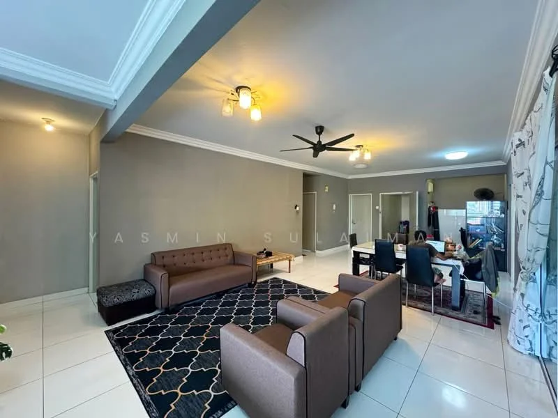 Living features: grey painted walls, white ceiling with crown moulding, 5-blade ceiling fan with light, recessed downlights, white tiled flooring, 3-seater fabric sofa in brown, 2-seater fabric sofa in brown, coffee table, area rug with geometric pattern, dining table with chairs, sliding glass door, curtains, wall-mounted TV; style: modern.