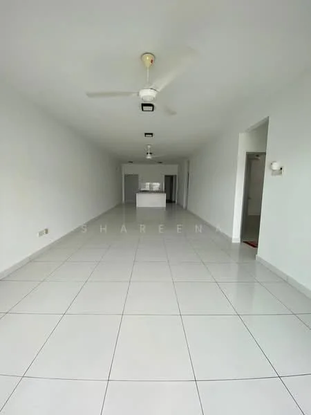 Room features: white painted walls, glossy white tile flooring, ceiling fan, recessed downlights, open layout, kitchen island, multiple windows, neutral color scheme; style: modern.