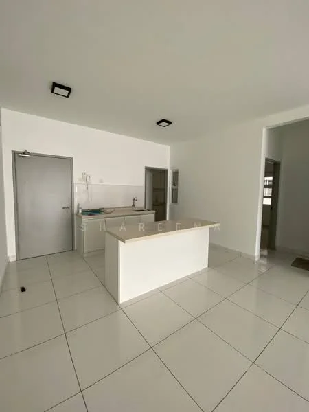 Kitchen features: white cabinetry, island countertop, stainless-steel sink, chrome pull-down faucet, white tiled backsplash, ceramic tile flooring, recessed downlights, wall-mounted cabinets, open layout, neutral wall color; style: modern.