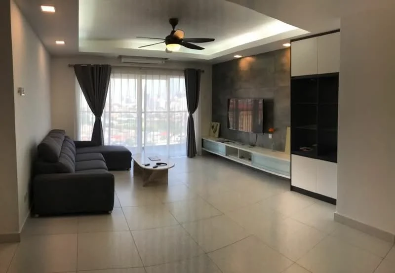 Living features: grey fabric sectional sofa, coffee table, wall-mounted TV, entertainment unit with white cabinetry, grey accent wall, floor-to-ceiling windows, sheer curtains, recessed downlights, ceiling fan with light, light-colored tile flooring; style: modern; view: city.