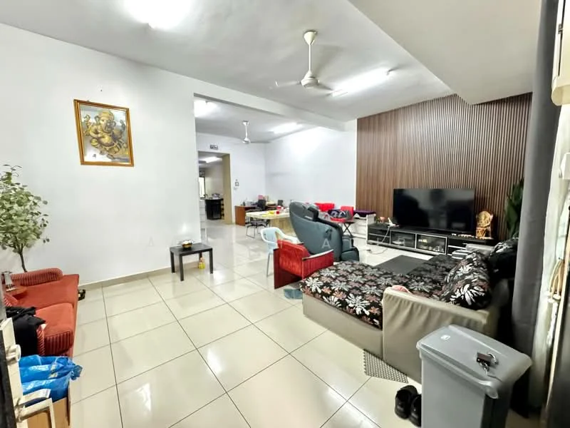 Living features: white painted walls, grey accent wall with wood paneling, glossy tile flooring, ceiling fan, wall-mounted TV, sofa with floral upholstery, 3-seater fabric sofa in grey, coffee table, decorative artwork, indoor plants, open layout to dining area, large windows for natural light; style: modern.