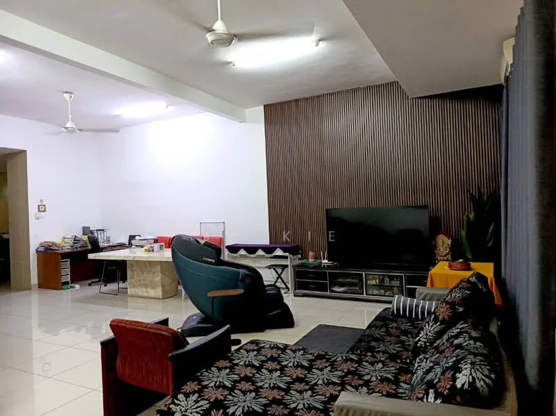 Living features: 3-seater fabric sofa with floral pattern, 2-seater armchair in red, black coffee table, large flat-screen TV on stand, wood panel accent wall, white painted walls, glossy tile flooring, 2 ceiling fans, decorative plants, dining table in background, work desk in background; style: modern.