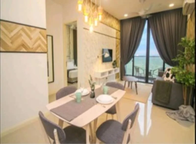 Dining features: 6-seater dining table, grey upholstered dining chairs, table runner, decorative plates, hanging pendant lights, wooden flooring, feature wall with herringbone pattern, floor-to-ceiling windows with city view, curtains, indoor plant, wall-mounted TV, sofa in grey fabric; style: modern; view: city.
