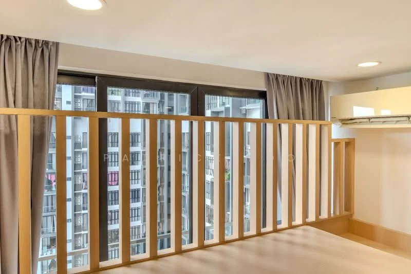 Room features: floor-to-ceiling windows, wooden railing, grey curtains, neutral wall colour, recessed ceiling lights, open space layout, view of adjacent building, natural light from windows; style: modern; view: city.