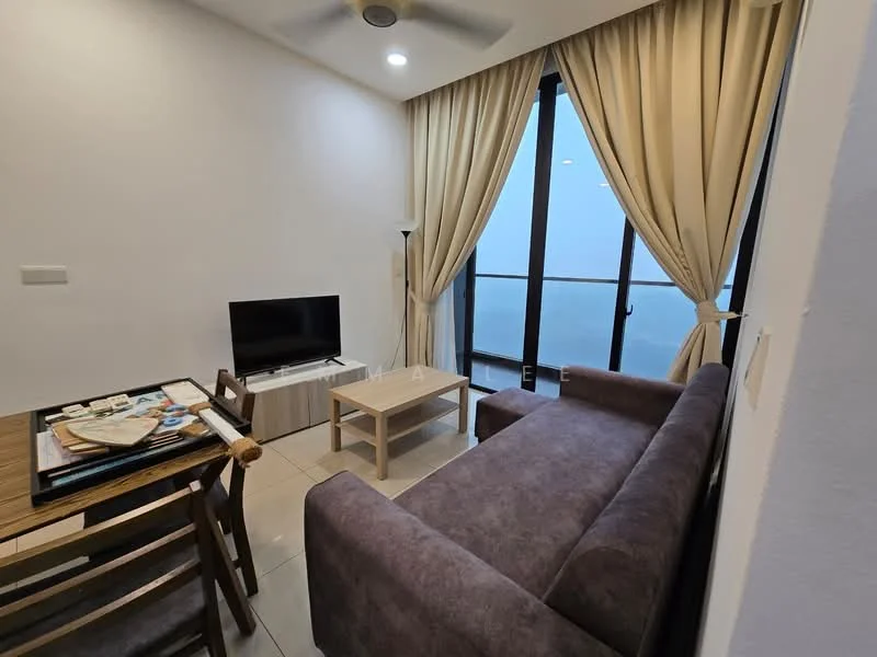 Living features: 3-seater fabric sofa in grey, coffee table, wall-mounted TV, floor-to-ceiling windows, sheer curtains, ceiling fan, light-coloured tiled flooring, decorative wall, wooden dining table with chairs; style: modern; view: city.