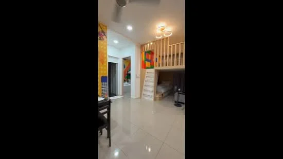 Room features: white painted walls, polished ceramic tile flooring, ceiling fan, chandelier, staircase leading to loft area, loft bed area, dining table with chairs, decorative wall with colorful artwork, doorway leading to bathroom, window with sheer curtains; style: modern.