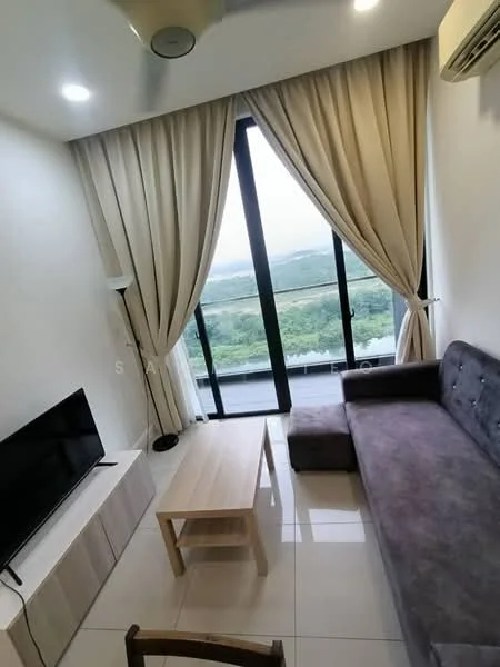 Living features: grey fabric L-shape sectional sofa, light wooden coffee table, wall-mounted TV, white TV console, floor-to-ceiling windows, sheer curtains, recessed downlights, ceiling fan, white painted walls, glossy tile flooring; style: modern; view: garden.