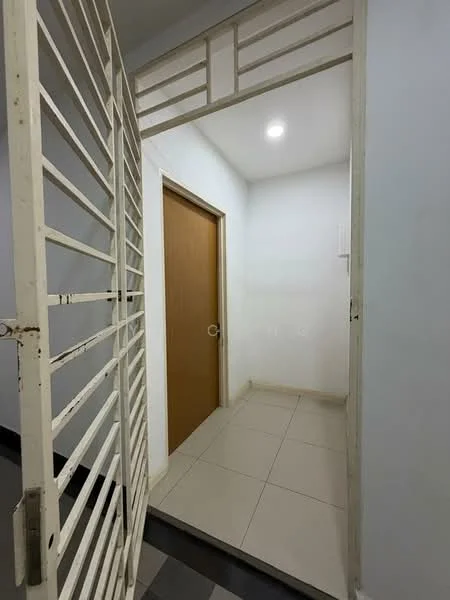 Room features: white painted walls, grey floor tiles, wooden door, metal gate, ceiling light; style: modern.