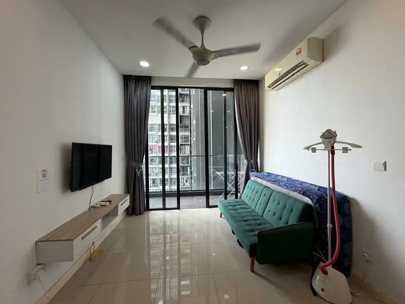 Living features: green fabric sofa, wall-mounted TV, TV console with storage, ceiling fan, air conditioning unit, floor-to-ceiling windows, curtains, glossy tile flooring, decorative floor lamp, balcony access; style: modern; view: city.