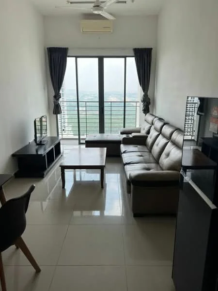 Living features: 3-seater leather sofa, coffee table, TV console, wall-mounted TV, floor-to-ceiling windows, curtains, ceiling fan, polished tile flooring, air conditioning unit; style: modern; view: city.