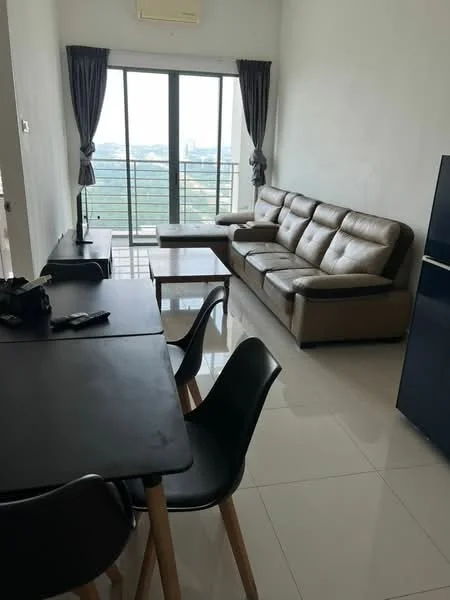 Living features: 3-seater leather sofa in beige, coffee table, floor-to-ceiling windows, curtains, wall-mounted air conditioning unit, glossy tile flooring, light-colored painted walls, TV console, dining table with black chairs; style: modern; view: city.