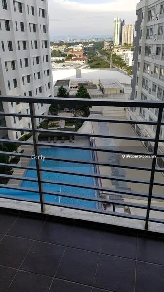 Room features: balcony with railing, floor tiles in dark color, view of swimming pool, view of city skyline, surrounding buildings, outdoor space; view: city.