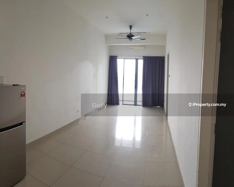 Living features: white painted walls, glossy ceramic tile flooring, 5-blade ceiling fan with light, floor-to-ceiling sliding glass door, dark grey curtains, refrigerator, natural light from windows; style: modern.