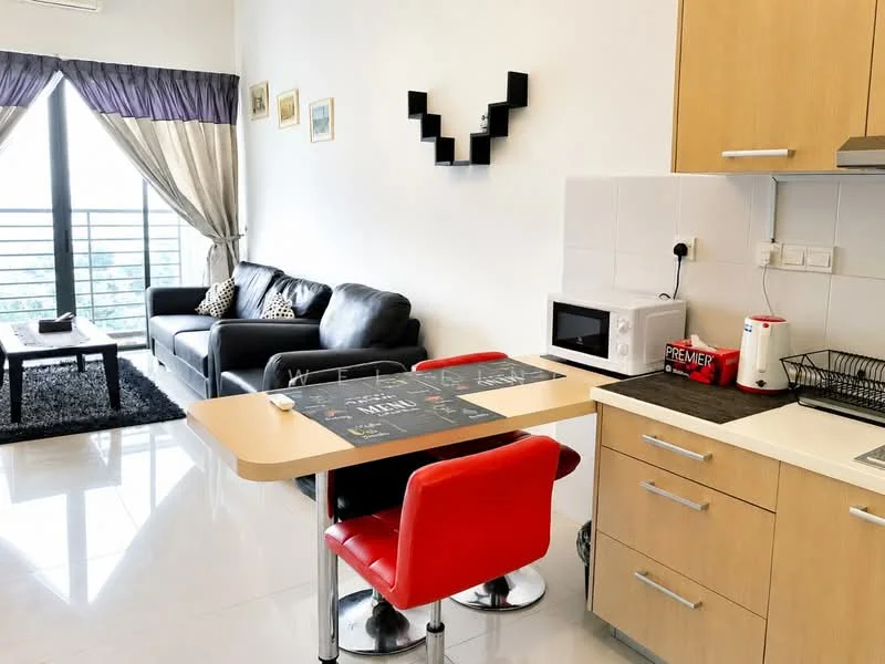 Living features: black leather sofa, coffee table, area rug, floor-to-ceiling windows, curtains in grey and purple, wall-mounted decor, wall art frames, recessed lighting, white walls, glossy tile flooring; style: modern; view: city. Kitchen features: wood cabinetry, white countertop, microwave, kettle, stainless-steel sink, chrome faucet, dish rack, 2-seat dining table with red chairs; style: modern.