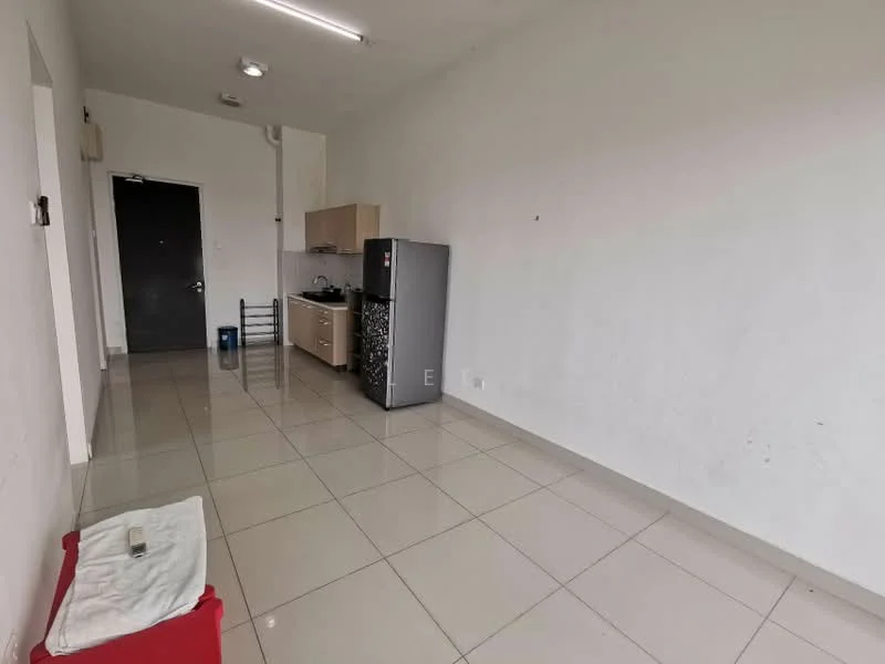 Kitchen features: white painted walls, glossy tile flooring, kitchen cabinetry in light wood, stainless-steel fridge, single-bowl stainless-steel sink, chrome pull-down faucet, built-in stove, exposed electrical outlets, ceiling lights; style: modern.