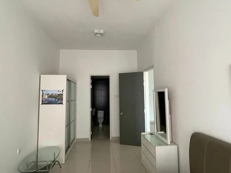 Room features: white painted walls, tile flooring, ceiling fan, glass sliding door, mirror-fronted cabinet, wall-mounted mirror, door leading to bathroom, small table, neutral color scheme; style: modern.