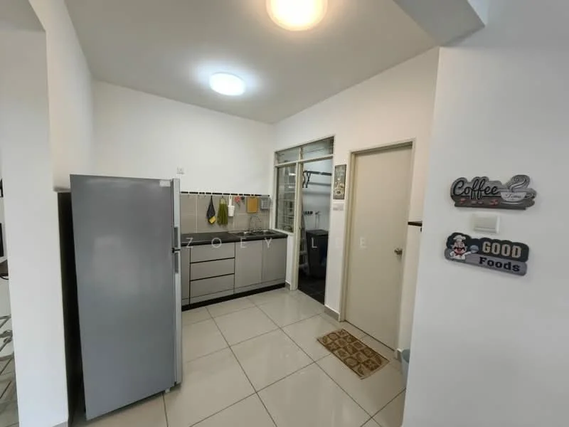 Kitchen features: stainless-steel fridge, grey cabinetry, black countertop, white tiled backsplash, ceramic tile flooring, single-bowl stainless-steel sink, chrome pull-down faucet, built-in oven, freestanding range oven, wall-mounted coffee sign, wall-mounted good foods sign, window above sink, light fixture in ceiling; style: modern.