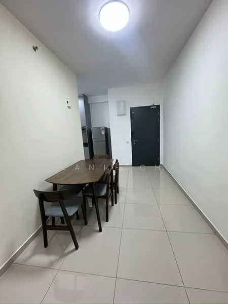 Dining features: rectangular wooden dining table, 3 wooden dining chairs, white painted walls, light-colored tiled flooring, ceiling light fixture, door leading to another room, refrigerator visible in background; style: modern.