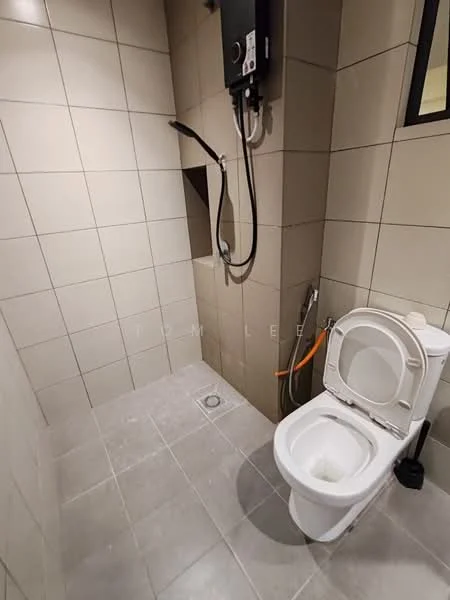 Bathroom features: grey tiled walls, beige tiled flooring, one-piece toilet, shower area with drainage, water heater mounted on wall, small window for ventilation; style: modern.