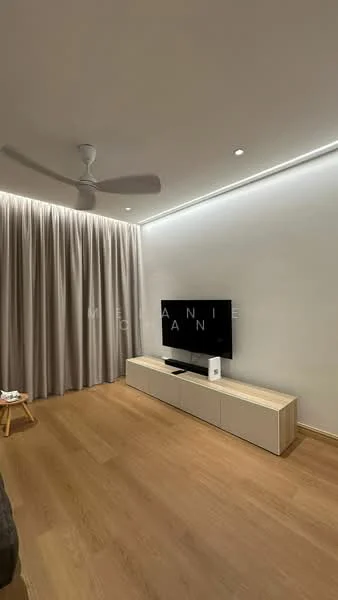 Living features: light wood flooring, white painted walls, recessed LED downlights, 5-blade ceiling fan, wall-mounted TV, white TV console, curtains, decorative wall lighting; style: modern.