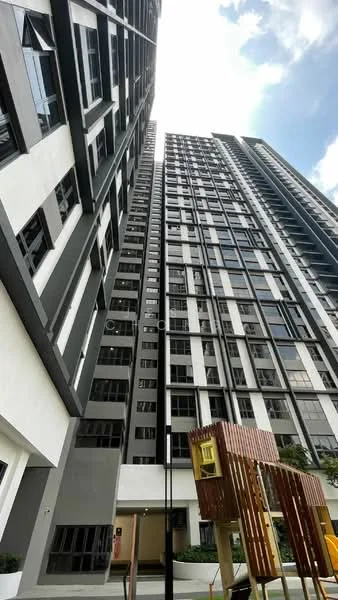 Exterior type: high-rise condominium; features: glass curtain wall, grey painted facade, white painted facade, recessed balconies, vertical fins, playground area, manicured landscaping, surrounded by greenery; style: modern.
