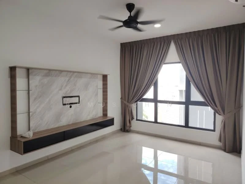 Living features: white painted walls, marble accent wall, floor-to-ceiling windows, sheer curtains, blackout curtains, ceiling fan with light, polished tile flooring, wall-mounted TV console; style: modern.