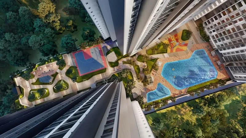Exterior type: high-rise condominium; features: infinity pool, swimming pool deck, children's playground, basketball court, landscaped garden, manicured lawn, outdoor seating areas, jogging track, BBQ pit, tropical landscaping, multi-storey building, surrounded by greenery; style: modern.