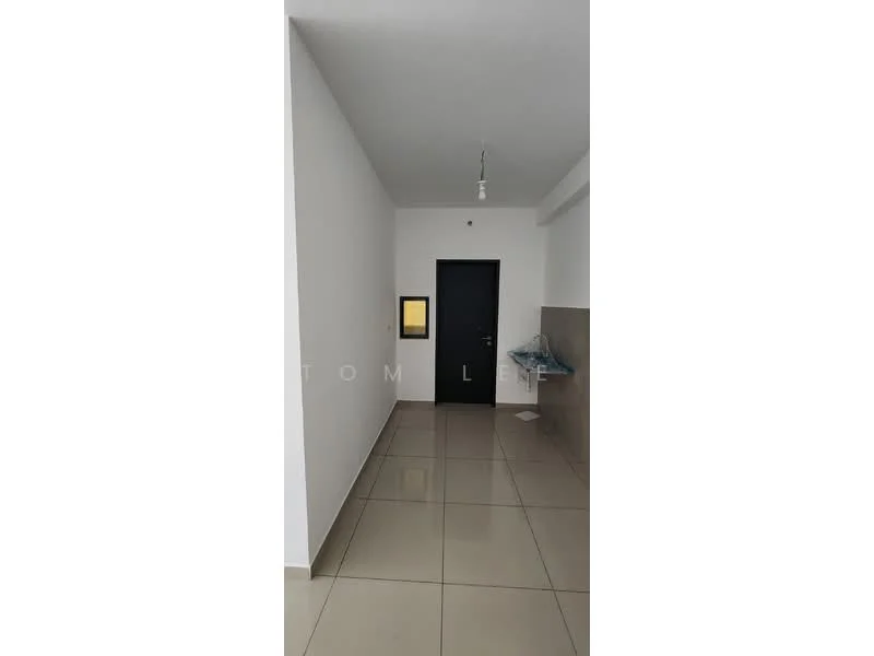 Room features: white painted walls, glossy tile flooring, black door, single ceiling light fixture, kitchenette area with countertop, window with no visible treatment; style: modern.