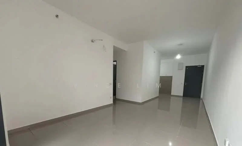 Room features: white painted walls, polished ceramic tile flooring, recessed downlights, single door, open layout, corner wall with no visible features, neutral color scheme; style: modern.
