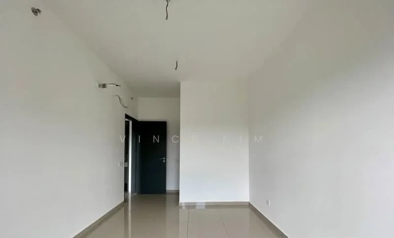Room features: white painted walls, glossy tile flooring, ceiling with exposed wiring, single door, neutral color scheme; style: modern.
