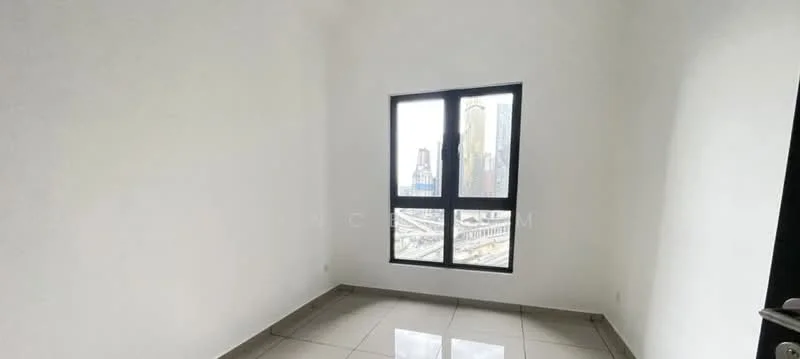 Room features: white painted walls, grey tiled flooring, floor-to-ceiling window, city view; view: city.