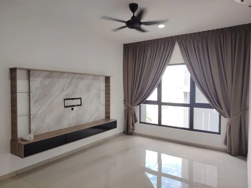 Living features: white painted walls, marble tile flooring, 5-blade ceiling fan with light, floor-to-ceiling windows, curtains in beige, wall-mounted TV console with storage, decorative wall panel with marble finish, LED recessed lighting; style: modern.