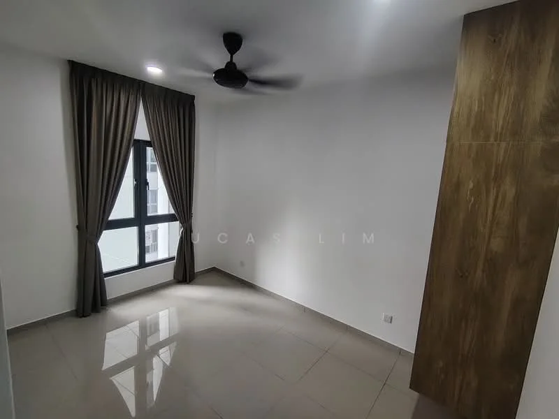 Room features: white painted walls, grey tiled flooring, 5-blade ceiling fan, floor-to-ceiling window, sheer curtains, wooden feature wall, corner wardrobe, natural light; style: modern.