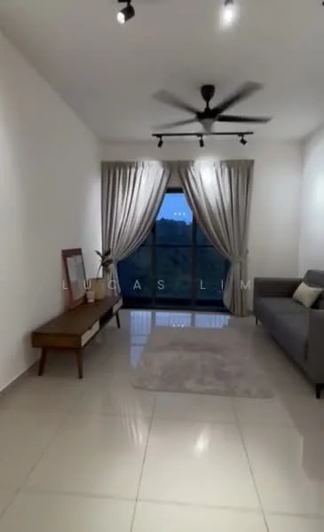 Living features: grey fabric sofa, wooden coffee table, area rug with geometric pattern, floor-to-ceiling windows, sheer curtains, 5-blade ceiling fan with light, recessed downlights, cream painted walls, glossy tile flooring; style: modern; view: garden.