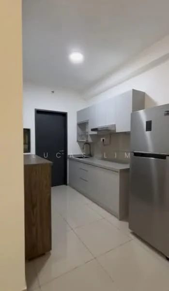 Kitchen features: grey cabinetry, white countertop, stainless-steel fridge, built-in oven, ceramic tile flooring, recessed downlights, single-bowl stainless-steel sink, chrome pull-down faucet, wall-mounted cabinets, open shelving, neutral wall colour, modern design; style: modern.