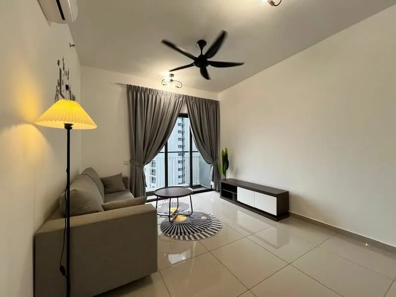 Living features: 3-seater fabric sofa in light grey, round coffee table with black metal frame, area rug with geometric pattern, floor-to-ceiling windows, sliding glass door, grey curtains, ceiling fan with light, wall-mounted TV console in dark wood, polished ceramic tile flooring, decorative wall art; style: modern; view: city.
