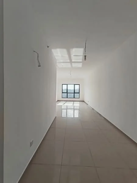 Room features: white painted walls, glossy tile flooring, large window with city view, recessed lighting, track lighting, neutral color scheme, open layout, high ceiling; style: modern; view: city.