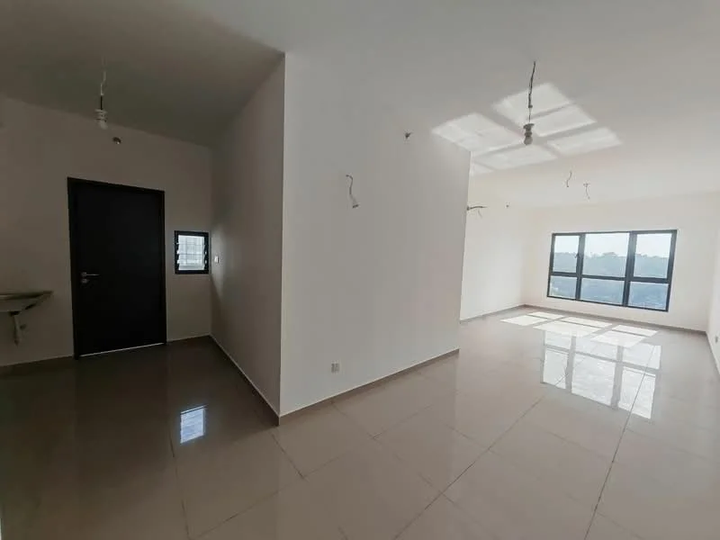 Room features: white painted walls, glossy ceramic tile flooring, large windows, natural light, ceiling lights, corner space, open layout, unfurnished; style: modern; view: city.
