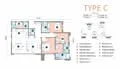 Floor plan: 3-bedroom 2-bathroom unit; features: open-plan kitchen-dining-living, master bedroom with ensuite bathroom, bedroom 2 with shared bathroom, utility room, balcony off living room, central foyer, 2 car porch, 1,250 sqft built-up.