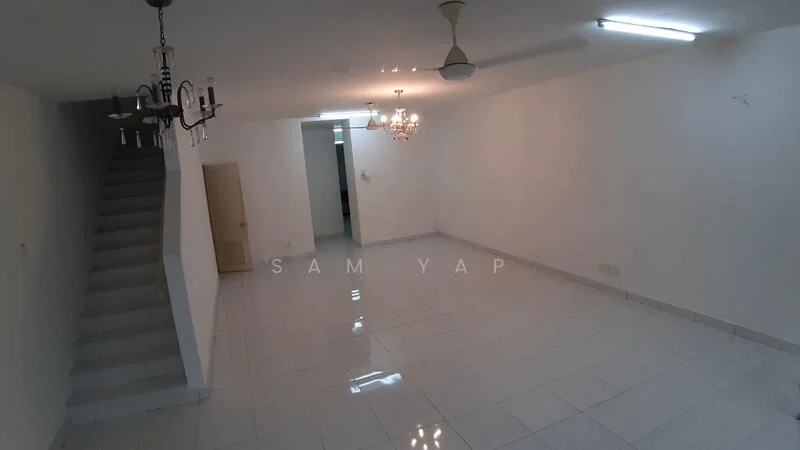 Living features: white painted walls, glossy ceramic tile flooring, ceiling with recessed lighting, chandelier, ceiling fan, staircase leading to upper floor, doorway leading to other rooms, large open space; style: modern.