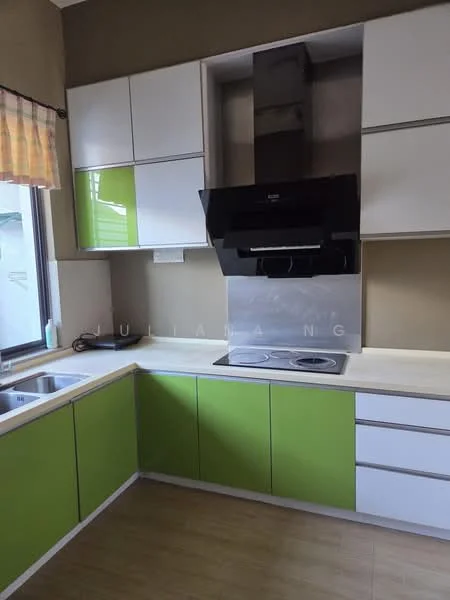 Kitchen features: green and white cabinetry, stainless-steel range hood, ceramic cooktop, single-bowl stainless-steel sink, chrome pull-down faucet, white countertop, window with sheer curtains, laminate flooring, wall-mounted storage, built-in oven; style: modern.