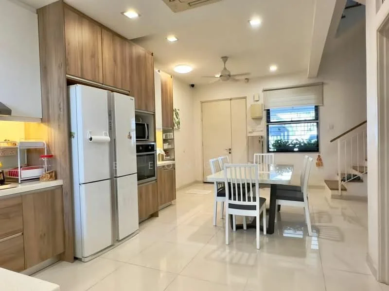 Kitchen features: white cabinetry, wooden cabinetry, stainless-steel fridge, built-in oven, microwave, white countertop, ceramic tile flooring, 5-blade ceiling fan, dining table with white chairs, window with blinds, wall-mounted air conditioning unit; style: modern.