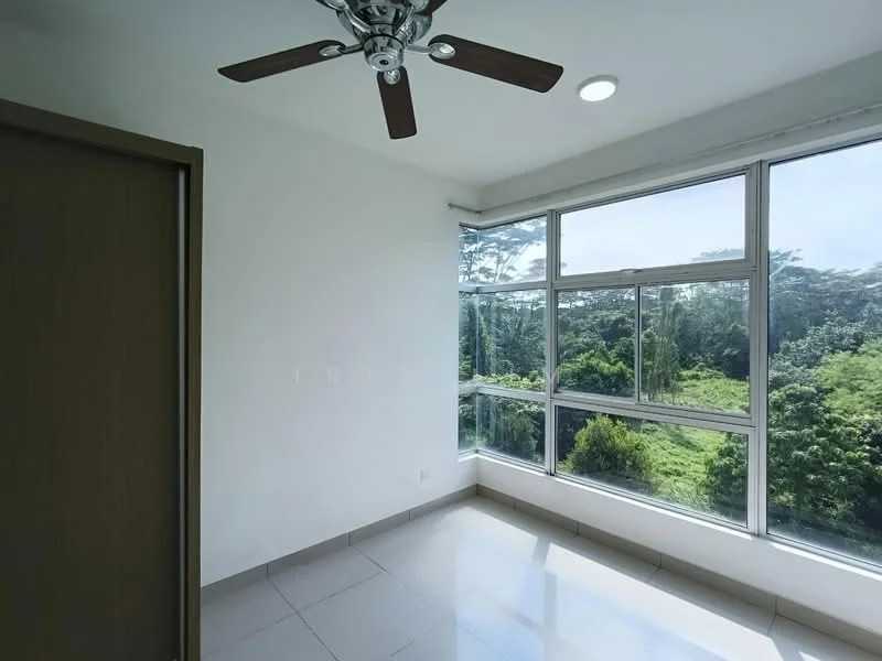 Bedroom features: floor-to-ceiling windows, 5-blade ceiling fan with light, white painted walls, glossy tile flooring, natural light from windows, view of greenery, recessed lighting, built-in wardrobe; style: modern; view: garden.