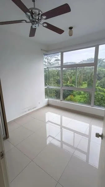 Room features: white painted walls, glossy ceramic tile flooring, 5-blade ceiling fan with light, large floor-to-ceiling windows, view of greenery; style: modern; view: garden.