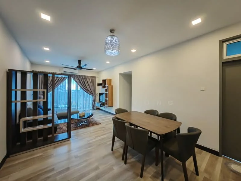 Dining features: dining table with 6 chairs, wooden flooring, recessed LED downlights, 5-blade ceiling fan, decorative pendant light, open shelving unit, curtains, large window with view, area rug, wall with light paint; style: modern. Living features: sofa, coffee table, TV console, large window, curtains, wooden flooring, recessed LED downlights; style: modern.