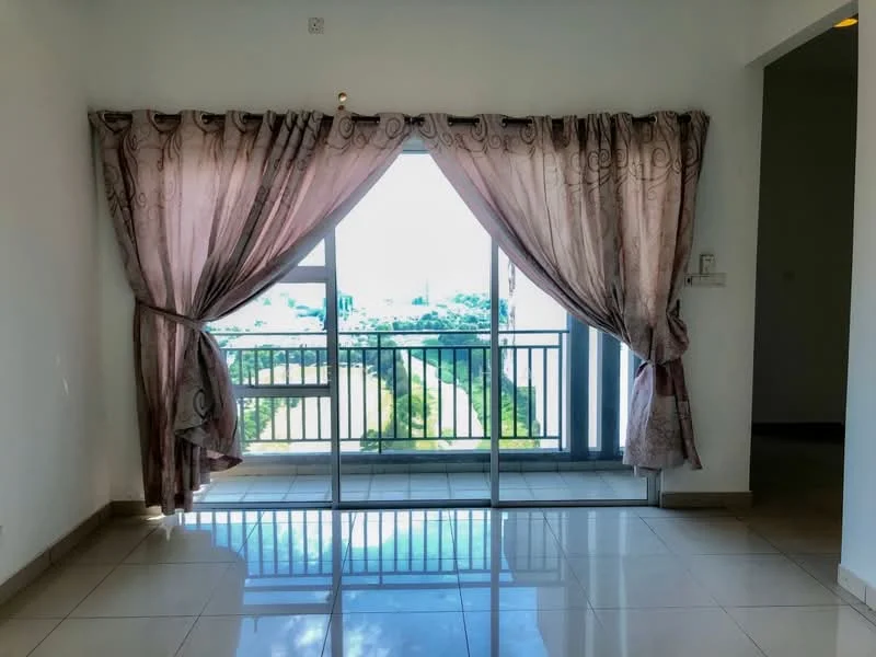 Room features: floor-to-ceiling sliding glass door, sheer curtains, white painted walls, glossy tile flooring, balcony view, natural light, open space, neutral color scheme; style: modern; view: garden.