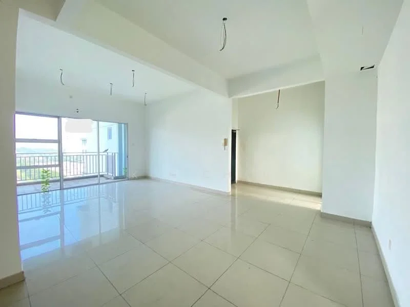 Living features: white painted walls, high ceiling, large floor-to-ceiling windows, sliding glass door, neutral tile flooring, recessed downlights, open layout, balcony access; style: modern; view: city.