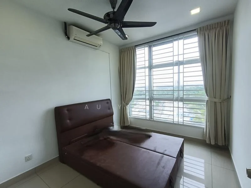 Bedroom features: king-size bed, upholstered headboard, floor-to-ceiling windows, sheer curtains, 1 wall-mounted split AC, ceiling fan, white painted walls, glossy tile flooring, natural light from windows; style: modern; view: city.