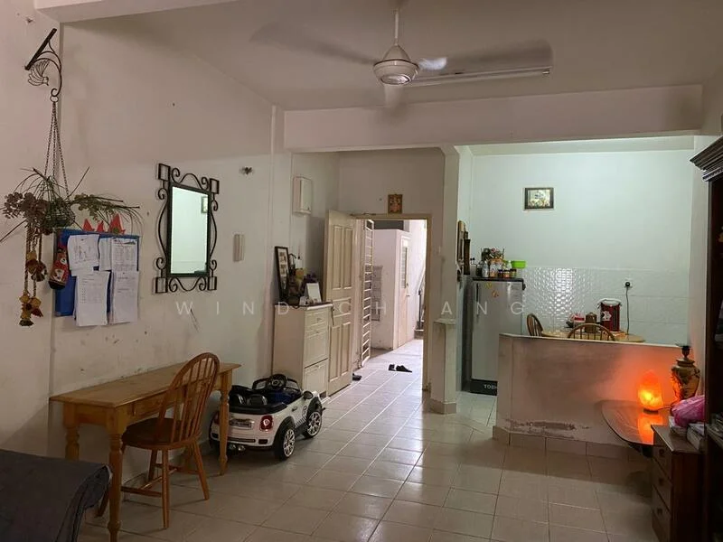 Room features: white painted walls, tile flooring, ceiling fan, dining table with chairs, refrigerator, kitchen cabinetry, countertop, decorative mirror, toy car, wall-mounted shelves, light fixture; style: modern.